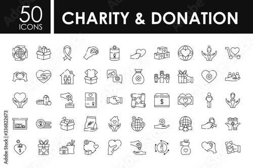 Fotótapéta charity and donation icon set, line style