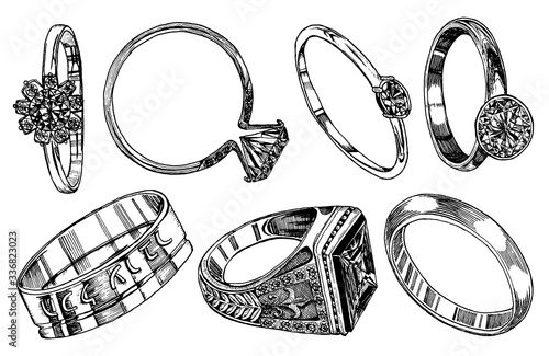 Engagement rings. Women's wedding jewelry. Vintage handmade decorations. Retro products set. Antique Vintage gold fancy articles or bijouterie. Engraved monochrome elements. Hand drawn sketch. 