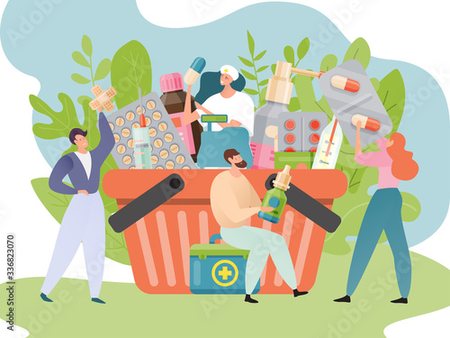 Medicine store vector illustration. Medical, pharmacy, health care concept. Medication, drug in basket. People near drugstore basket with thermometer, bottle, drops, patch and needle. Woman holds pill