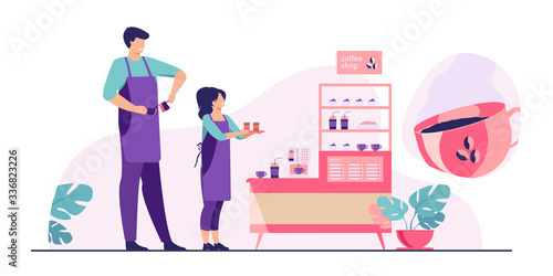 Baristas in coffee shop. Man and woman in aprons making coffee, offering takeaway cup at stand with machine and dessert. Vector illustration for coffee station, food and drink, cafe concept