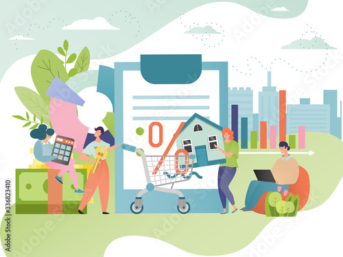 Mortgage debt vector illustration. Mortgagor with mortgaged house. Real estate loan contract. Cartoon character people and property credit concept. Man with laptop, chart, shopping cart and calculator