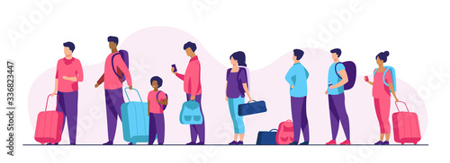 Group of tourist with luggage standing in line. Men, women, kid holding their bags and suitcases Vector illustration for trip, airport, travel, queue concept