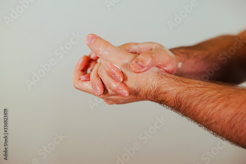 Hand washing with soap for the prevention of germs, bacteria, viruses. photo