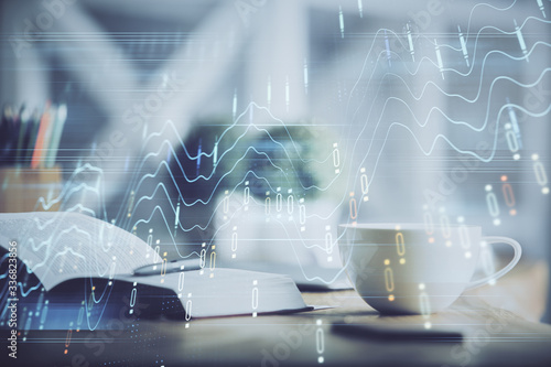 Multi exposure of forex graph drawing and desktop with coffee and items on table background. Concept of financial market trading