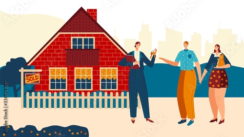 Lovely couple buy first house, chacarter female, male purchase home, family people, flat vector illustration. Real estate agent sell cottage, realtor transfer key. Quiet residential area.