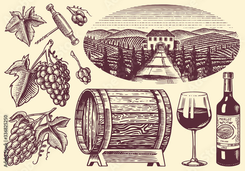 Vineyard and Wine Set. Grapes and wooden barrel. Vine plantation for bottle labels. Engraved landscape. Hand drawn vintage sketch for alcohol poster, bar and restaurant menu.