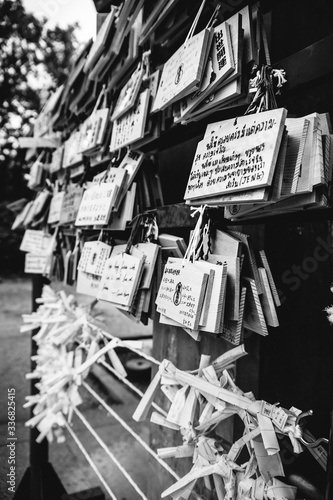 Ema tablets at shinto shrine in Osaka Castle  in black and white 