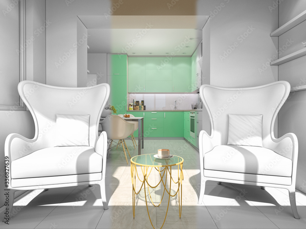 3d illustration of small apartments in pastel colors. Interor design living room and kitchen in modern style