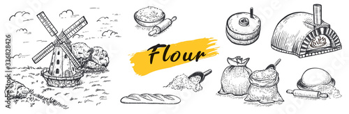 Set of flour, hand mill, windmill, neapolitan stove, wheat, grain, ingredients. Hand drawn vector illustration. Engraving style. Big set.