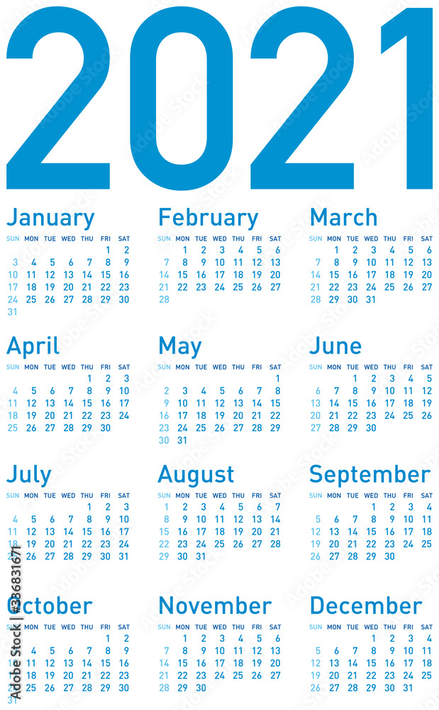 Naklejka Simple Blue Calendar for year 2021, in vector format.