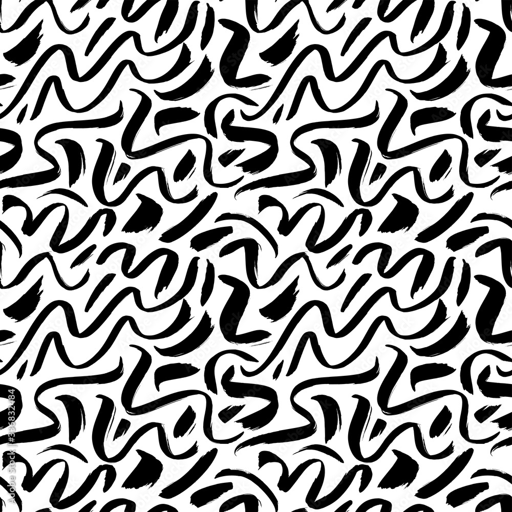 Wavy and swirled brush strokes vector seamless pattern. Black paint freehand scribbles, abstract ink background. Wavy and swirled brush strokes vector seamless pattern. Black paint freehand scribbles, abstract ink background.