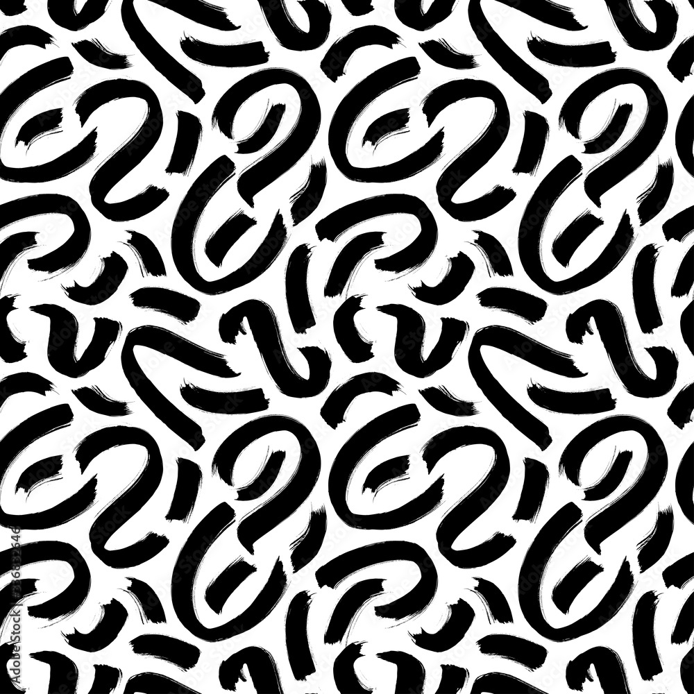 Wavy and swirled brush strokes vector seamless pattern. Black paint freehand scribbles, abstract ink background.