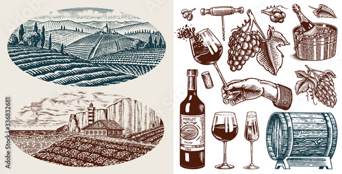 Vineyard and Wine Set. Sparkling champagne, bottle and glass Cheers, ice bucket, Corkscrew Cork Grapes, wooden barrel. Vine labels. Hand drawn Engraved vintage sketch for poster, restaurant menu.