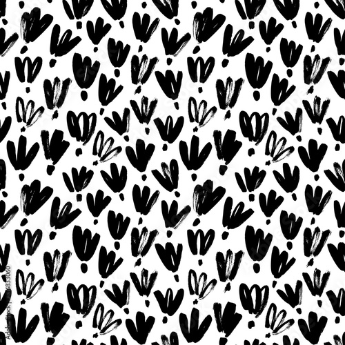 Brush black loose flowers vector seamless pattern. Hand drawn black paint ink illustration with abstract floral motif.