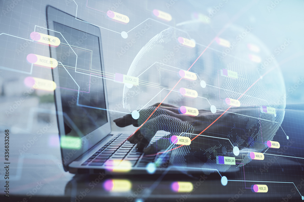 Double exposure of woman hands working on computer and world map hologram drawing. International technology business concept. Double exposure of woman hands working on computer and world map hologram drawing. International technology business concept.