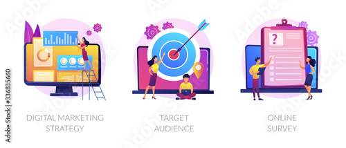 Advertising business, customer attraction, internet questionnaire icons set. Digital marketing strategy, target audience, online survey metaphors. Vector isolated concept metaphor illustrations