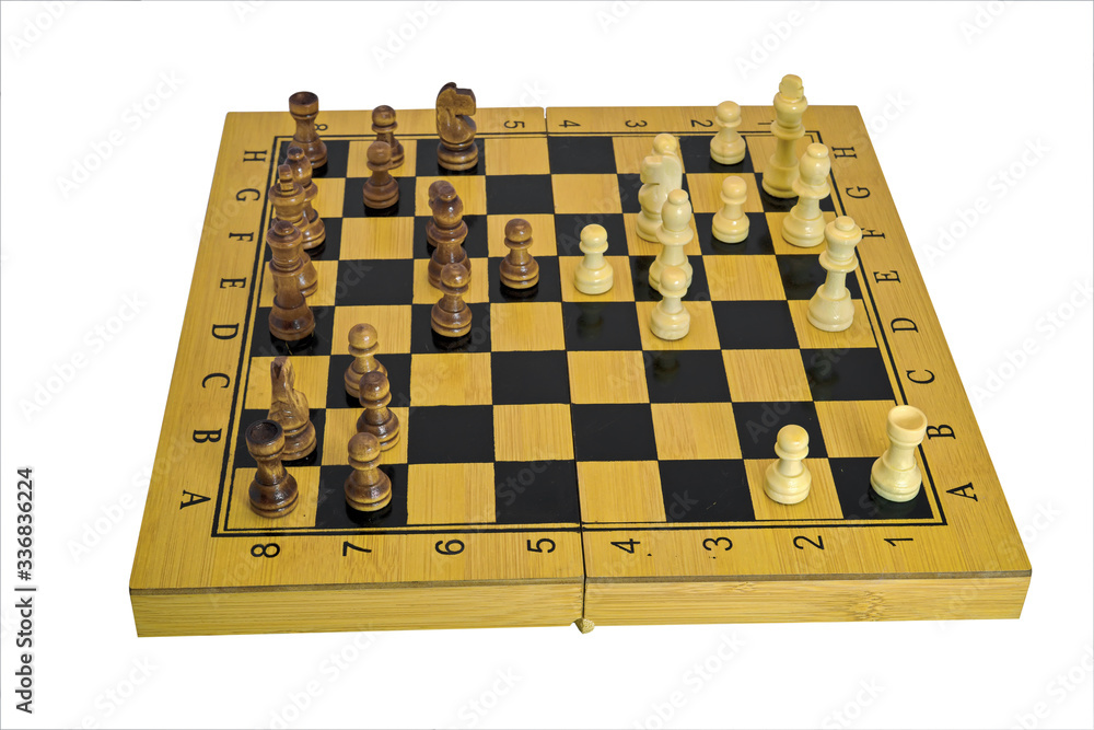 Chess pieces on a chessboard isolate on a white background close-up. Chess pieces on a chessboard isolate on a white background close-up.