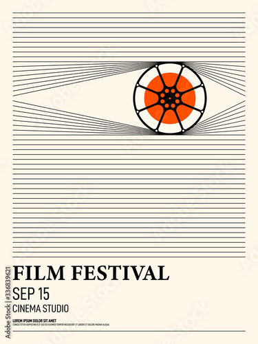 Movie and film poster design template background with film reel and lines
