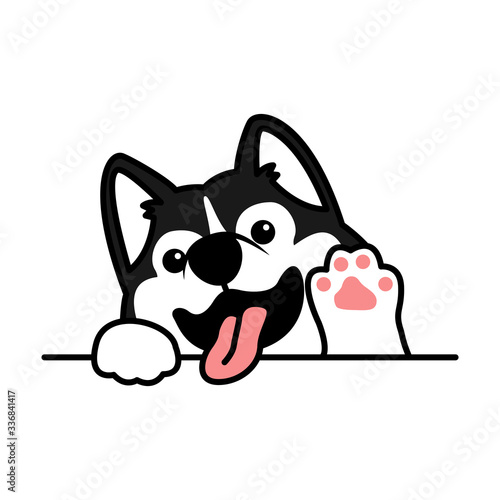 Cute siberian husky dog waving paw cartoon, vector illustration