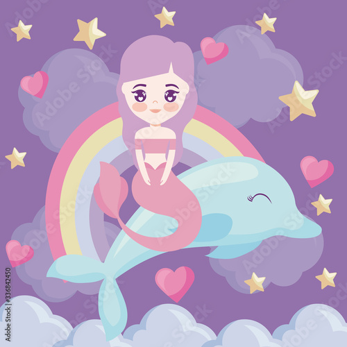 cute mermaid with with dolphin and rainbow