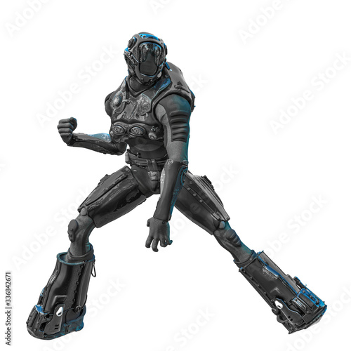 astronaut in black exo suit exploring around