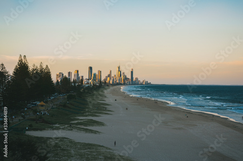 landscape of the beach with trees and in the background the buildings of the city at gold hour at sunset