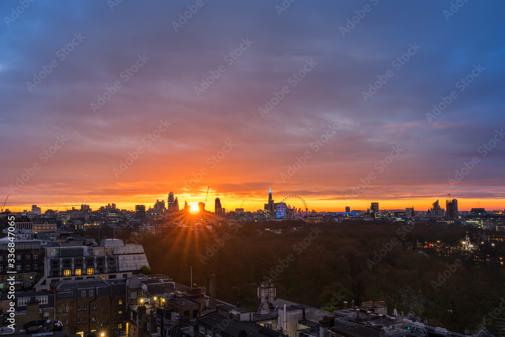 London city stunning colorful sunrise, high vantage point of view 