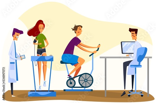 Character doctor and patient, male physician, female perform medical exercises, woman stationary bike, treadmill, isolated on white, flat vector illustration. Design for web banner, website.