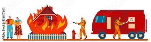 Firefighters extinguish house flame, fire truck, water hydrant, character couple, male, female, family left without home flat vector illustration. Moving people after incident, fire victim.