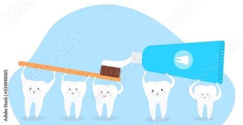 Character funny tooth, toothbrush with paste, isolated on white, flat vector illustration. Protection oral cavity, mouth, design web banner. Healthcare, dental care, modern stomatological.