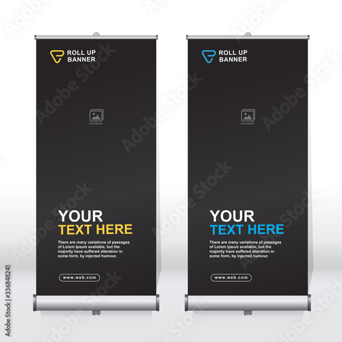 Roll up banner design template, vertical, abstract background, pull up design, modern x-banner, rectangle size. 