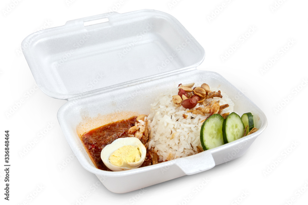 Nasi lemak in styrofoam box isolated on white with clipping path