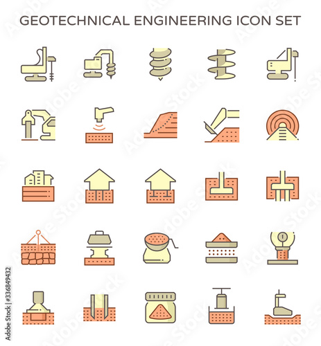 Geotechnical engineering, geotechnics and geology vector icon with machine equipment i.e. earth auger drill core bit, rig. Include survey, soil sample, laboratory test analysis for road, foundation.