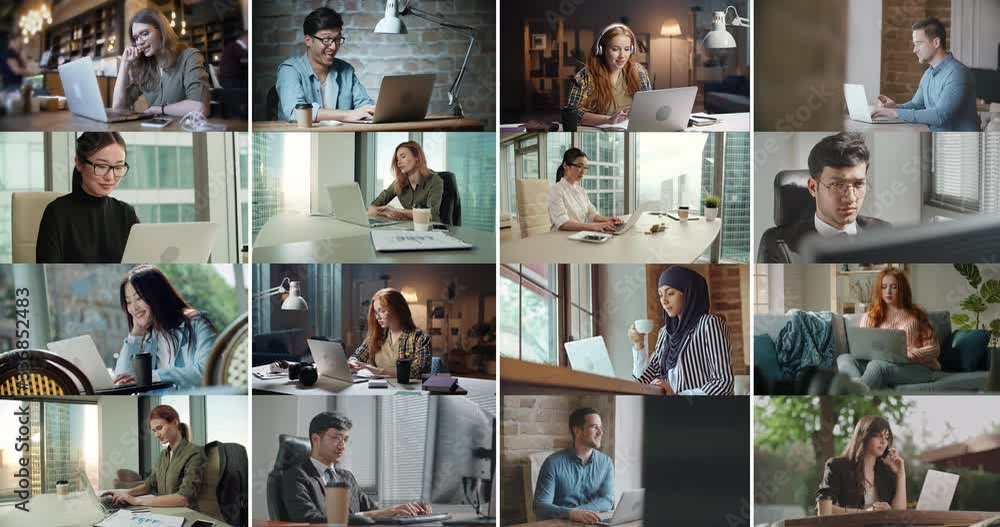 Collage of diverse people using laptops. Successful business people working on computers. Young students finishing their projects for online education - diversity, communication concept 4k footage