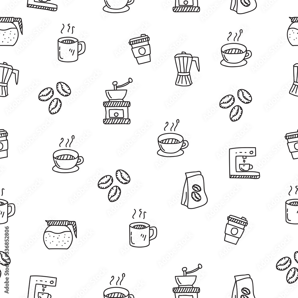 Coffee seamless doodle pattern in cute hand drawn style suitable for background Coffee seamless doodle pattern in cute hand drawn style suitable for background