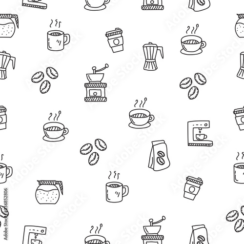 Coffee seamless doodle pattern in cute hand drawn style suitable for background 