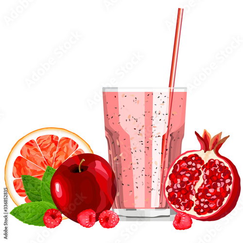 Red color blended smoothie in a glass with ingredients vector illustration