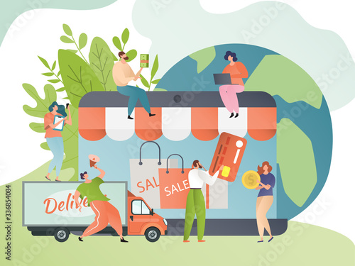 Online shopping vector illustration. Shopper order delivery. Internet shop delivering concept. People buy product on sale though mobile phone application and computer by card. Transportation truck.