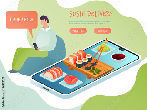 Sushi delivery online service vector illustration. Isometric delivering landing page, web site template. Restaurant delivers Japanese food. Asian seafood menu. Fish roll, fresh salmon, tuna on rice.