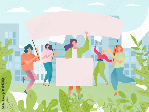 Protest vector illustration. Crowd of woman cartoon characters protesting. Feminism demonstration of protestant holding poster. Group of angry, riot activists on revolution, strike, street picket.