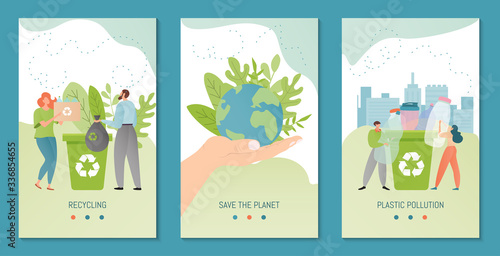 Recycling vector illustration banner template. Recycled material collected by people cartoon characters. Man and woman recycle bottle to prevent plastic pollution. Save the planet ecological slogan.