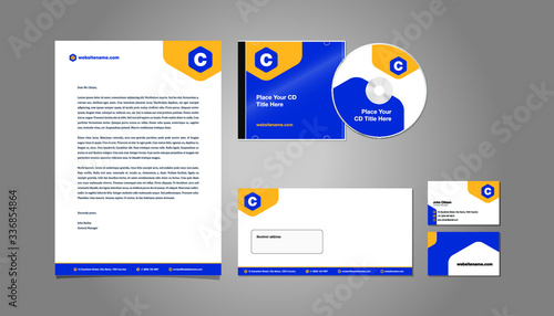 Stationery set design with business card, envelope, letterhead, and CD cover.