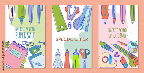 Back to school sale, offer banner vector illustration with school supplies, stationery. Pencil, pen, ruler, paper and scissor. Poster design template in cartoon style with notebook. Education concept.