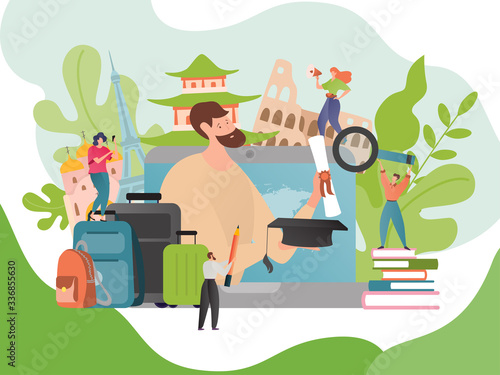 Summer language travel vector illustration.Travelling and learning foreign language. Education abroad concept. Traveller on vacation studying English, French. Europe tour banner. Man cartoon character