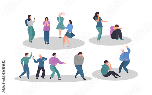 Bullying kids in school aggressive teenagers cartoon characters, sad boys and girls, vector illustration. Cruel classmates social problem bad behavior, harassment in school. Teenage bully conflict