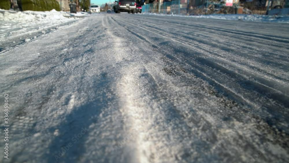 Slippery Icy Road Conditions 4K UHD. A hazardous icy, slippery road. 4K. UHD.
