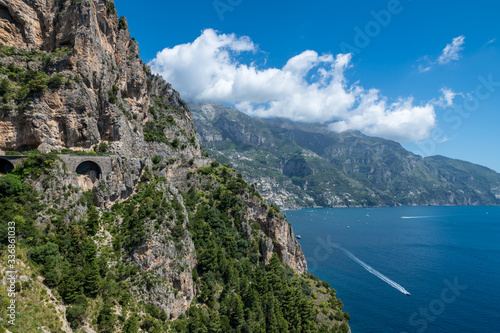 Panoramic view of the bay of Positano along the Amalfi coast during spring time (Salerno, Campania, Italy).