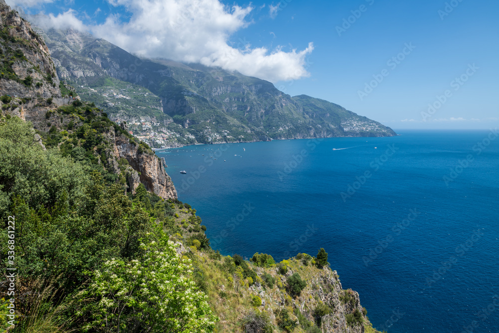 Panoramic view of the bay of Positano along the Amalfi coast during spring time (Salerno, Campania, Italy).