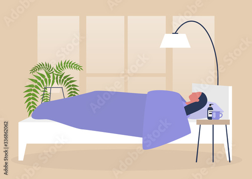 Young female character lying in bed, side view, early morning
