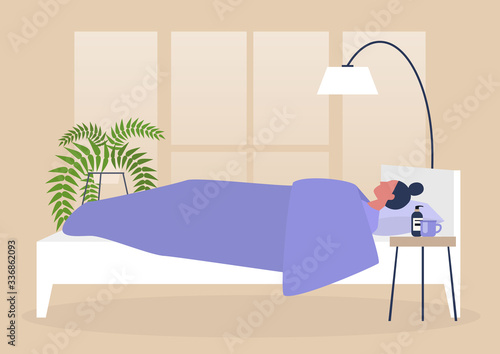 Young female character lying in bed, side view, early morning